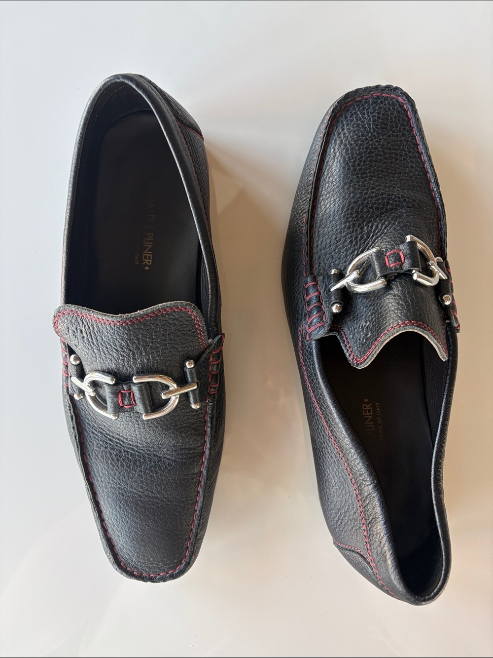 Vintage Donald Pliner Black Leather Loafers with Red Stitching and Silver Bit